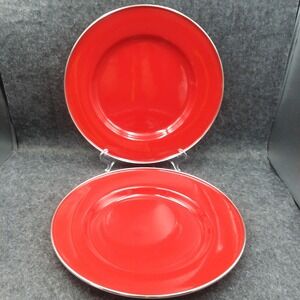 Set of 2 Pottery Barn‎ Red 12" Plates Enamelware Partyware Metal Dinner Plates